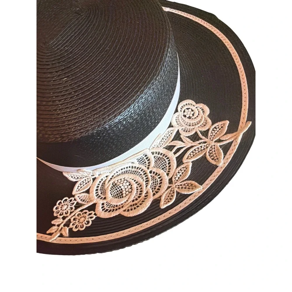 Vintage Boater Hat Black Cream Lace Floral Wide Brim Skimmer Formal Hat